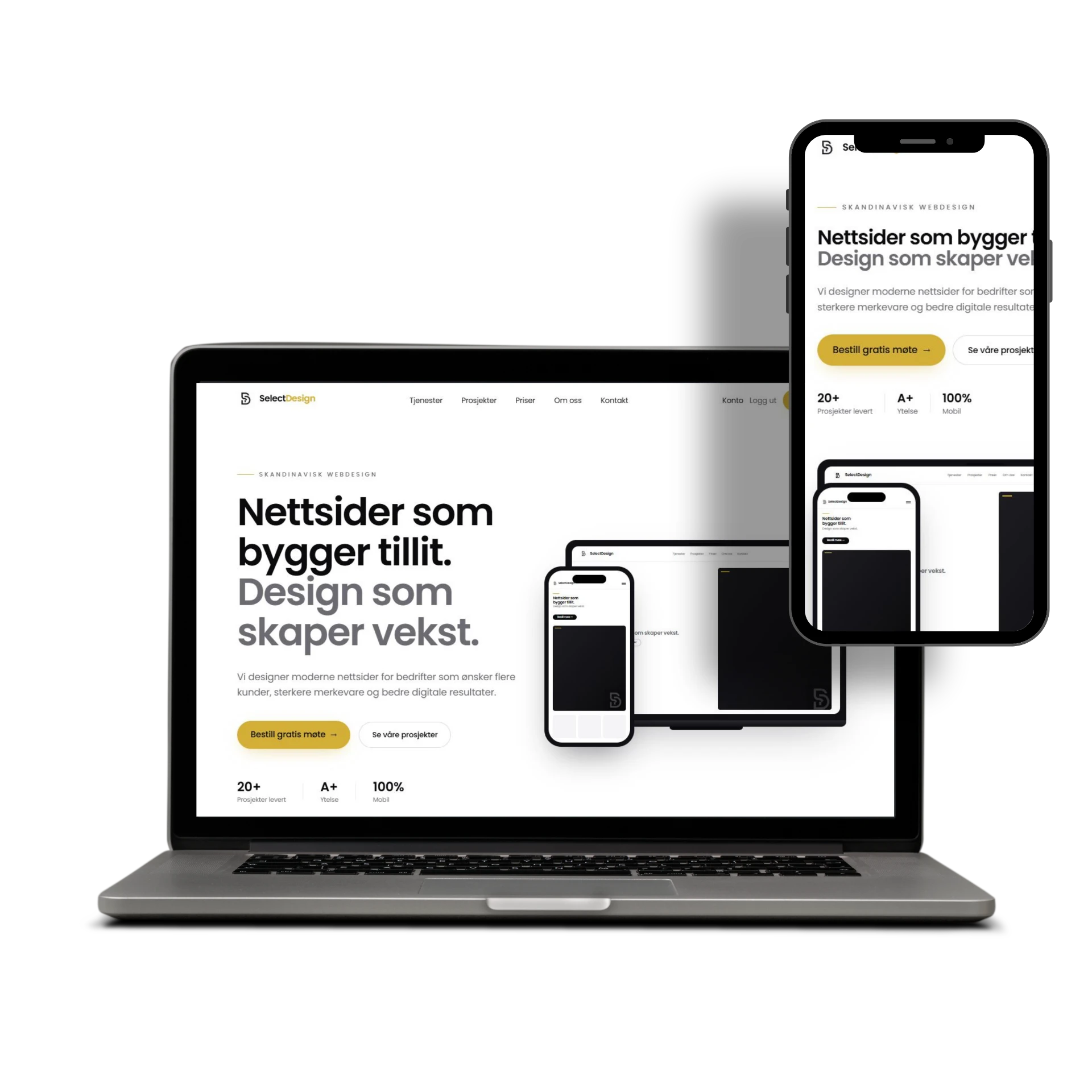 SelectDesign nettside vist på MacBook og iPhone